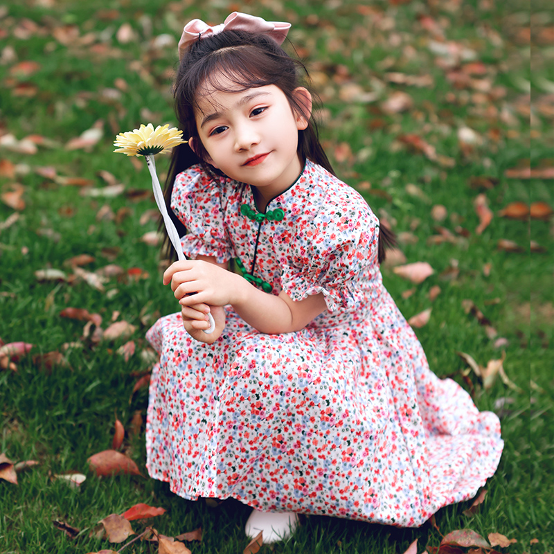 Girls cheongsam autumn Chinese style little girl catwalk show princess skirt children's improved Western style print dress