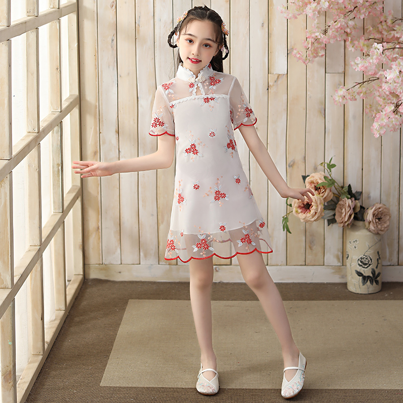 Children's cheongsam girls Chinese style autumn middle and big children ancient style Tang suit little girl lace short thin section dress