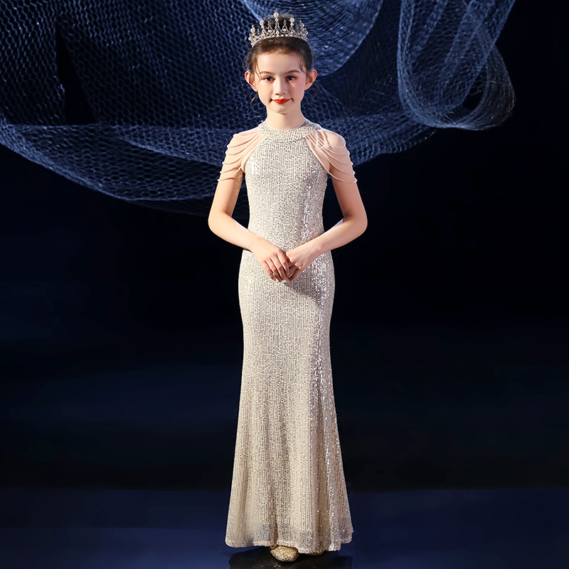 Little host dress princess dress children's autumn high-end fishtail catwalk performance dress piano performance dress girl