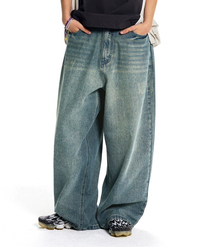 Korean Style Filluminate Super Loose Washed Denim Pants Damage Washed Denim Pants