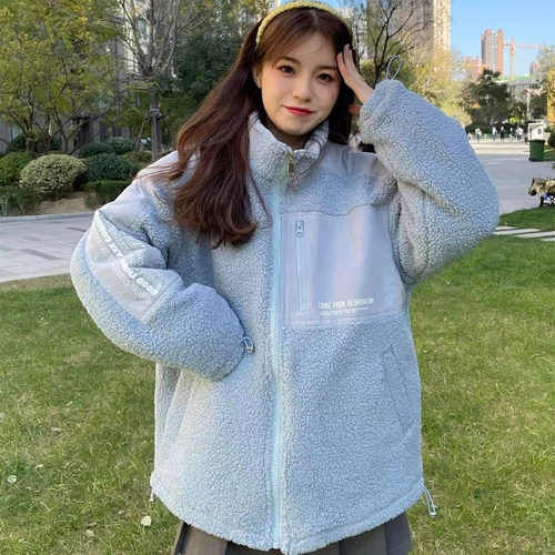 oversize羊羔毛绒外套女秋冬加绒加厚新款宽松高领百搭夹克ins潮