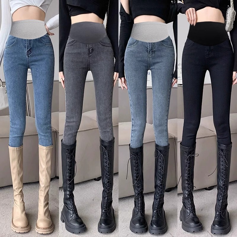 Maternity Skinny Pants for Spring and Autumn 2026, New High-Waisted Slim-Fit Pencil Jeans, Autumn and Winter Fleece-Lined Pants