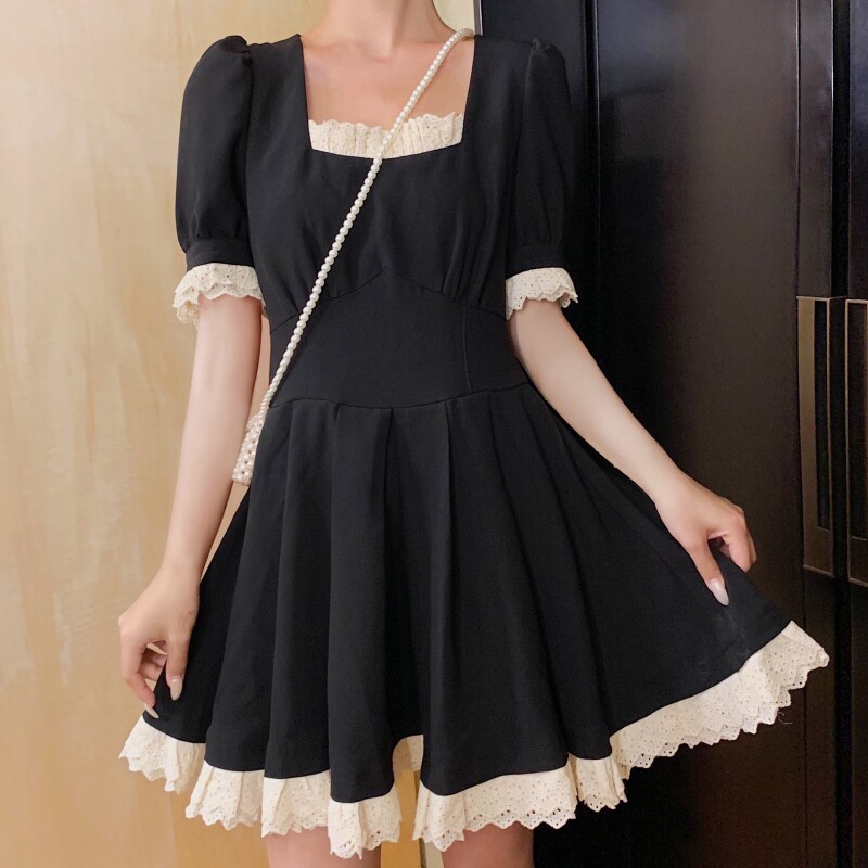French Lace Square Collar Black Ocean Dress Woman High Waist Gentle Temperament Summer New Short Sleeves Cashew Back Retro Skirt