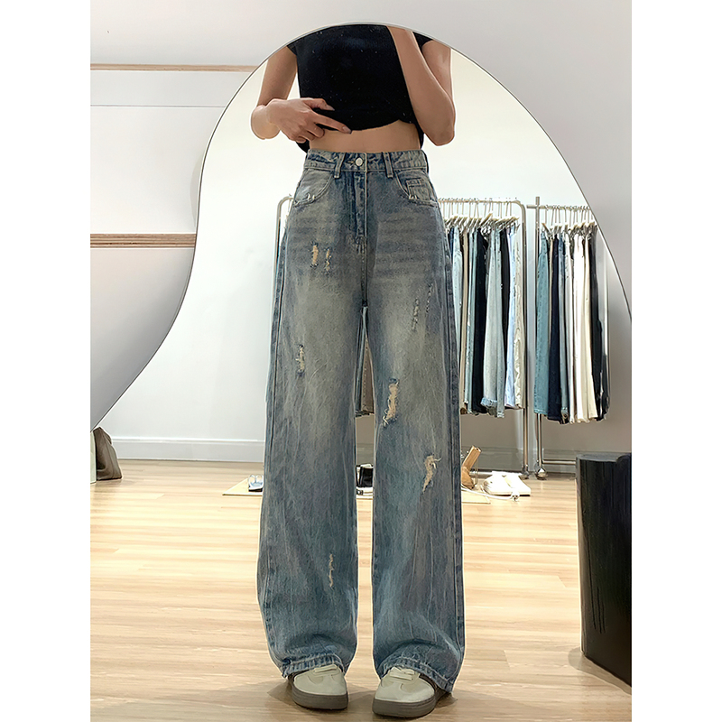 Vintage Blue Ripped Jeans for Women, New Summer Style, Plus-Size High-Waisted Loose Fit, Slimming Pear-Shaped Body Wide-Leg Pants Vintage Blue Ripped Jeans for Women, New Summer Style, Plus-Size High-Waisted Loose Fit, Slimming Pear-Shaped Body Wide-Leg Pants