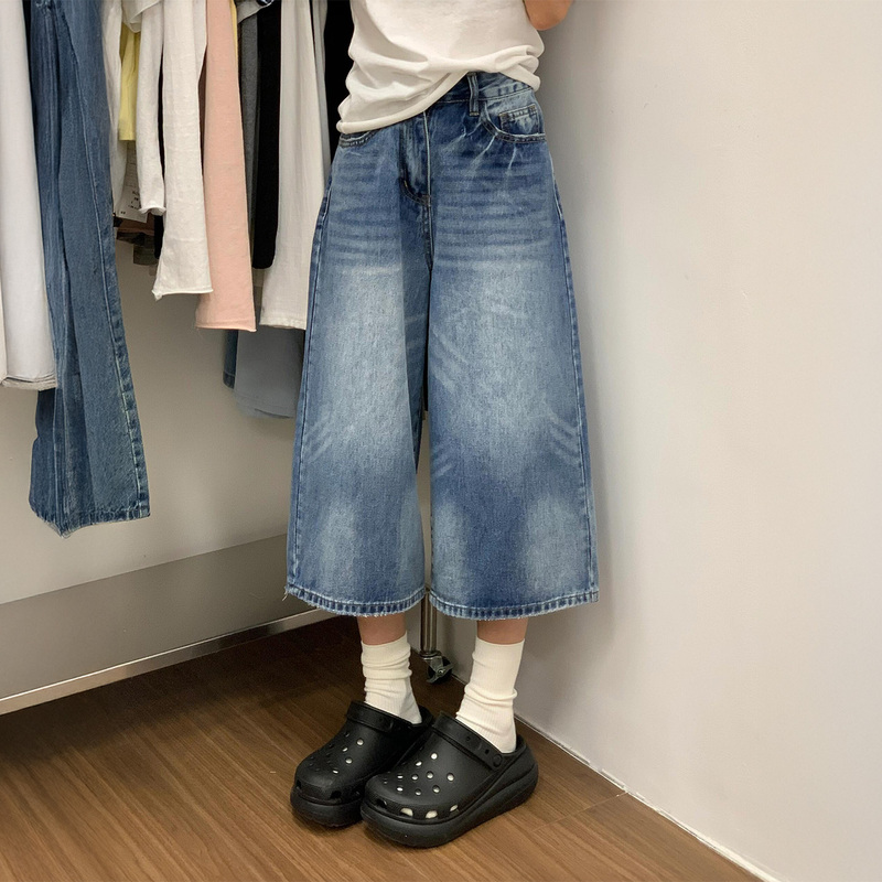 Petite Women's Blue Vintage Denim Shorts 2026 Summer New Style Plus Size Loose Slimming Wide-Leg Cropped Pants