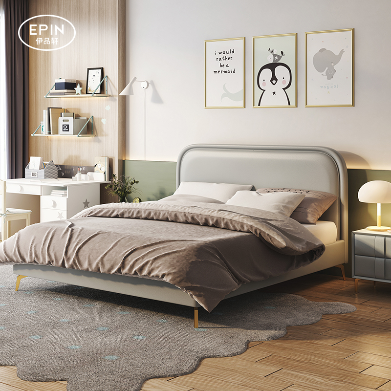 Nordic children's bed modern minimalist 1 5 m 1 35m boys Single beds genuine leather solid wood beds light lavish soft bag beds