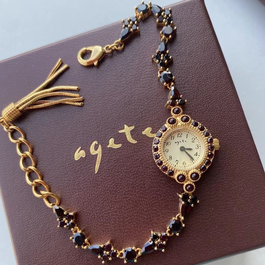 agete新款天然石榴石手链手表复古vintage日系珠宝中古风麦穗女表