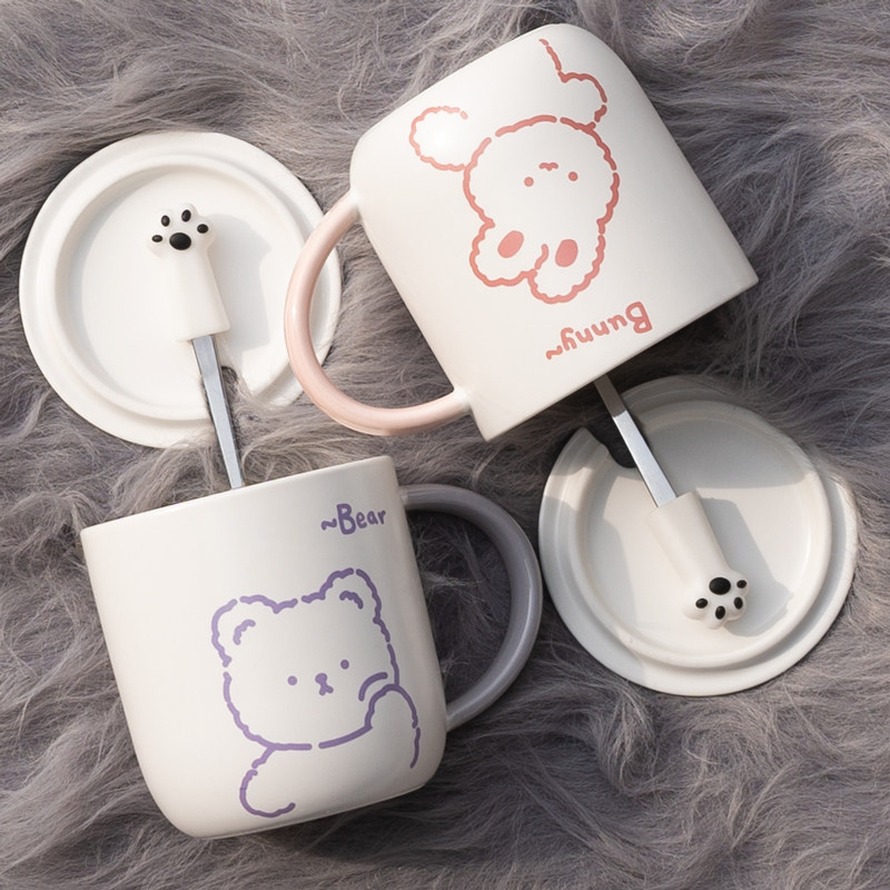 Mug with lid spoon ceramic cup cute girl couple pair home student milk breakfast coffee cup