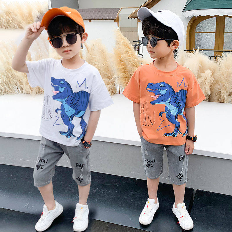 Boys trendy spring dress children summer fashionable dinosaurs spring dinosaurs splice long sleeved jeans brothers blown street suit
