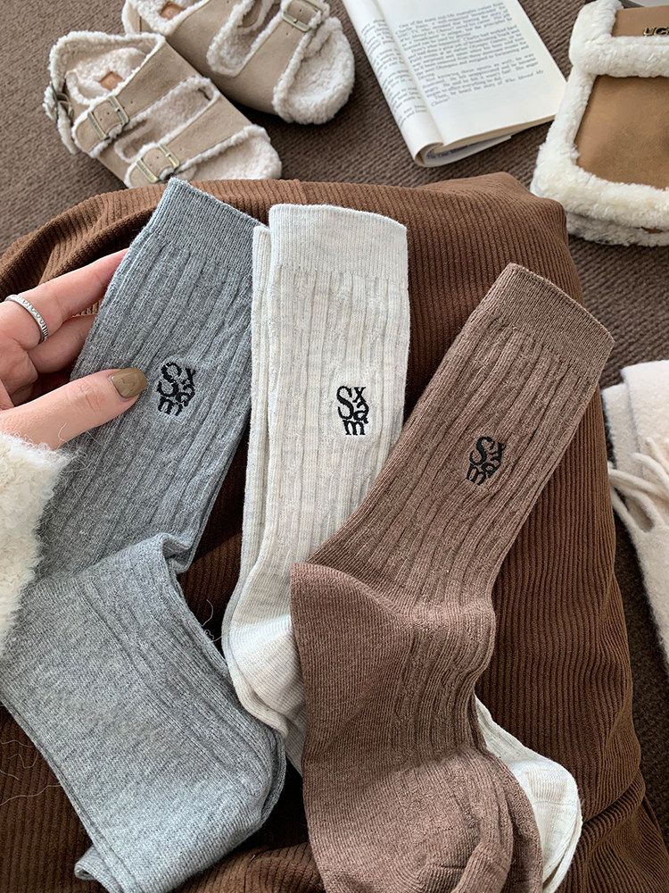 Hemp Flowers Socks Female Midbarrel Socks Autumn winter Pure cotton ins Chaoge Zygote Retro Alphabet Sports Winter Long Heaps Stocking Socks-Taobao