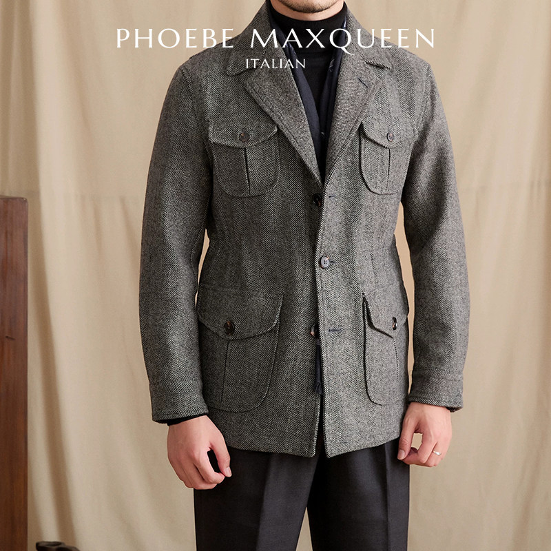 Italian Maxqueen British Style Commuter Jacket for Men, Dark Gray Herringbone Pattern, Wool Coat with Suit Collar