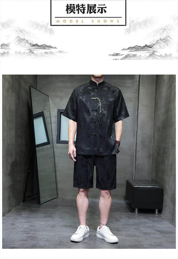 Джинсовая рубашка 夏季男士薄款透气冰丝套装中国风复古盘扣立领衬衫宽松大码两件套