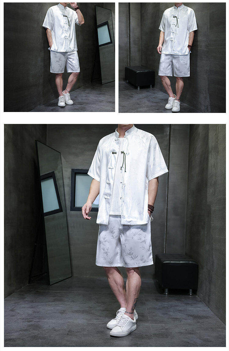 Джинсовая рубашка 夏季男士薄款透气冰丝套装中国风复古盘扣立领衬衫宽松大码两件套