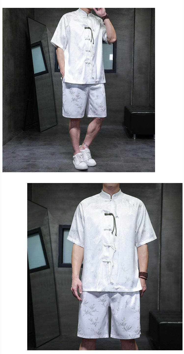 Джинсовая рубашка 夏季男士薄款透气冰丝套装中国风复古盘扣立领衬衫宽松大码两件套