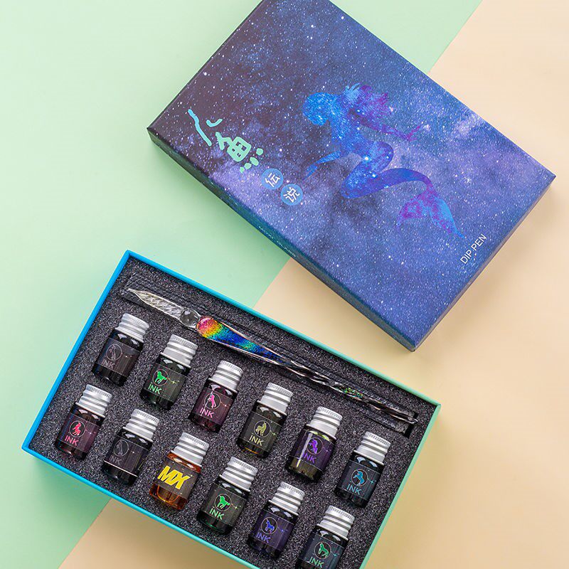 Deficit Punching Starry Sky Glass Pen Cap Gold Powder Color Ink Dip Crystal Diamond Pen Gift Box Dress Student Birthday Gift