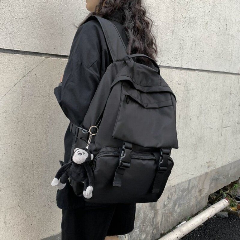 School Bag Ins Wind Dark Black Ensemble Day Department Women High School Campus Big Capacity Bungbag College Student Tooling Wind Double
