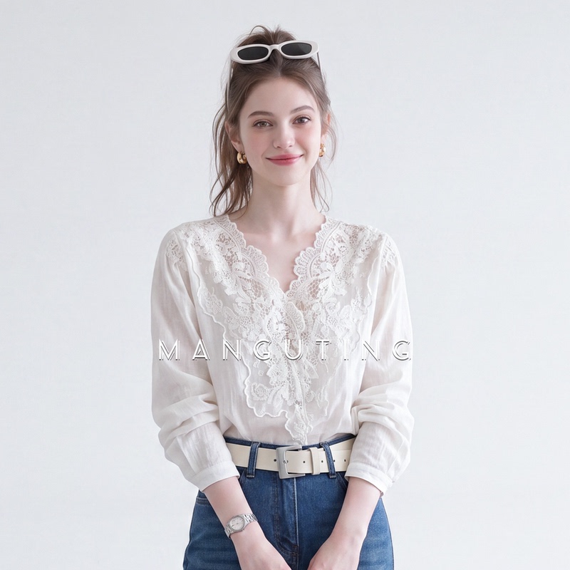 Manguting2026 Heavy Lace Embroidery V-Neck Long-Sleeve Shirt for Women, Autumn French Gentle Style Top That Enhances Elegance Manguting2026 Heavy Lace Embroidery V-Neck Long-Sleeve Shirt for Women, Autumn French Gentle Style Top That Enhances Elegance