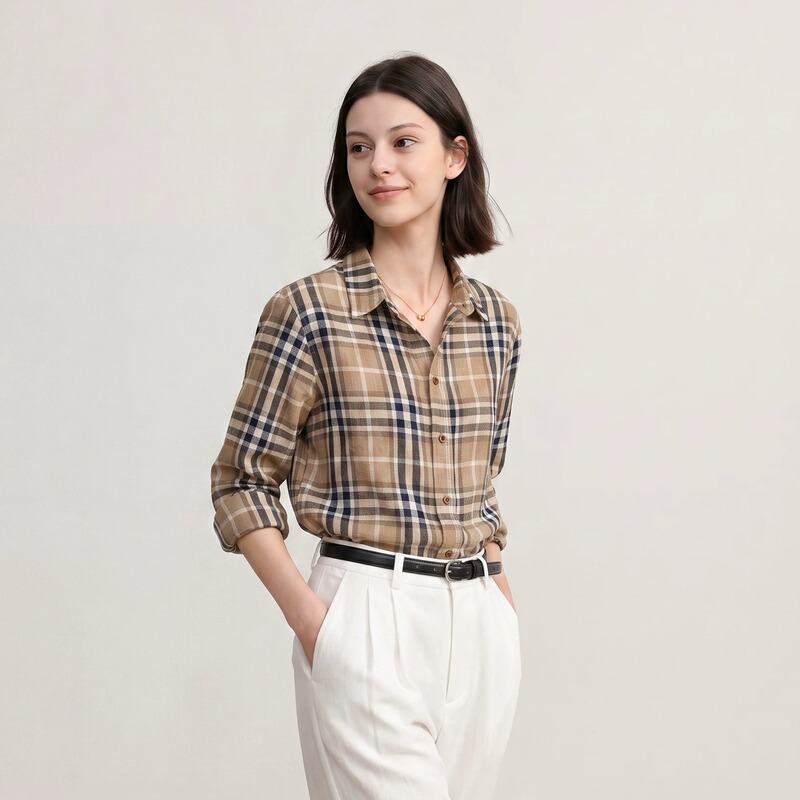 Mangu Town 100% Linen Khaki Plaid Long-Sleeve Shirt for Women, Autumn Old Money Style, Loose Casual Lapel Shirt with a Sense of Elegance
