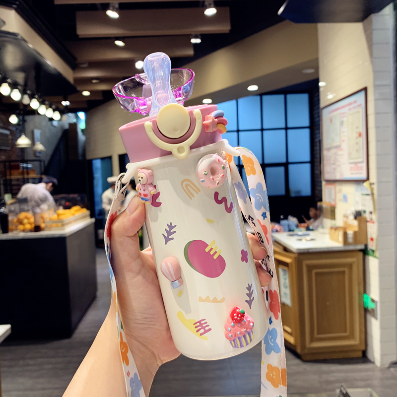 High Face Value Cartoon Cute Children Thermos Cup Women Portable Cup with Straw Stainless Steel Cup Student Cup