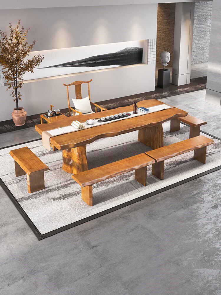 Log tea table and chair living room solid wood kung fu coffee table new Chinese tea table Zen modern office big board tea table