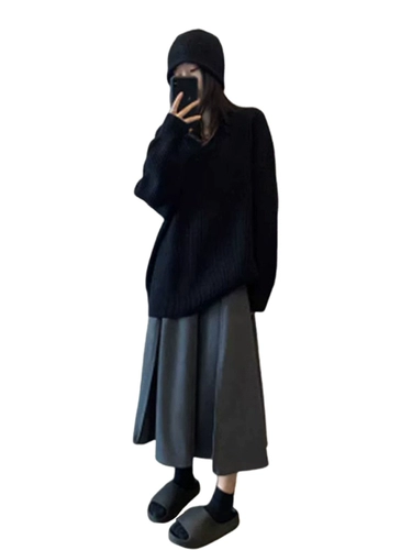 Черный демисезонный ретро трикотажный свитер, V-образный вырез, коллекция 2023, оверсайз