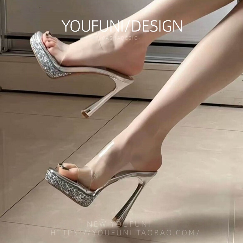 Sheepskin Version ~ Summer New Style Transparent Strap High-Heeled Shoes for Women, Waterproof Platform Stiletto Flip-Flops for Women, Open-Toe Sandals for Outdoor Wear