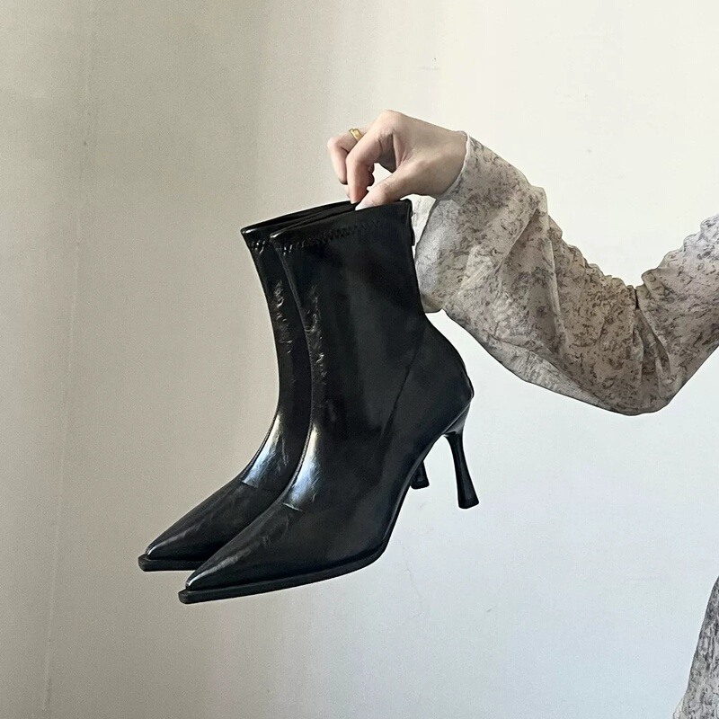 Black Pointed-Toe High-Heeled Short Boots for Women 2026 Autumn and Winter New Style French-Style Thin-Heeled Elastic Slim Boots Elegant Ankle Boots Black Pointed-Toe High-Heeled Short Boots for Women 2026 Autumn and Winter New Style French-Style Thin-Heeled Elastic Slim Boots Elegant Ankle Boots