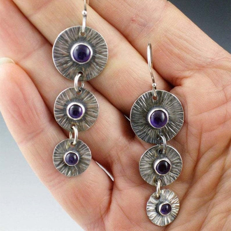Tassel Vintage Textured Round Disc Patchwork Earrings Ethnic Style Purple Zircon Dangles
