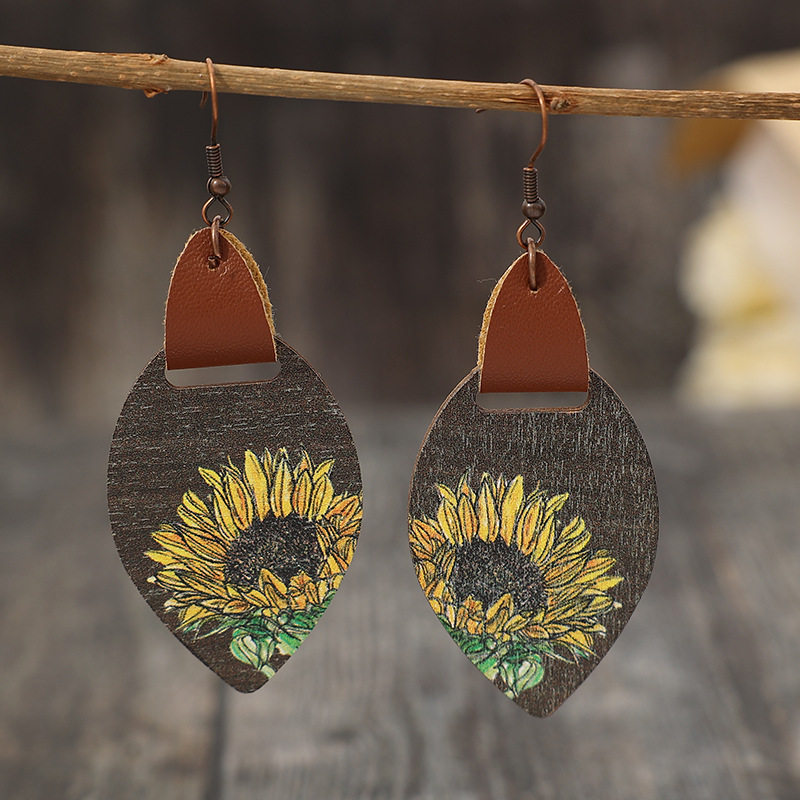 3E3C Vintage Unique Waterdrop Sunflower & Peach Blossom Wooden Earrings | Bohemian Floral Dangle Jewelry for Women
