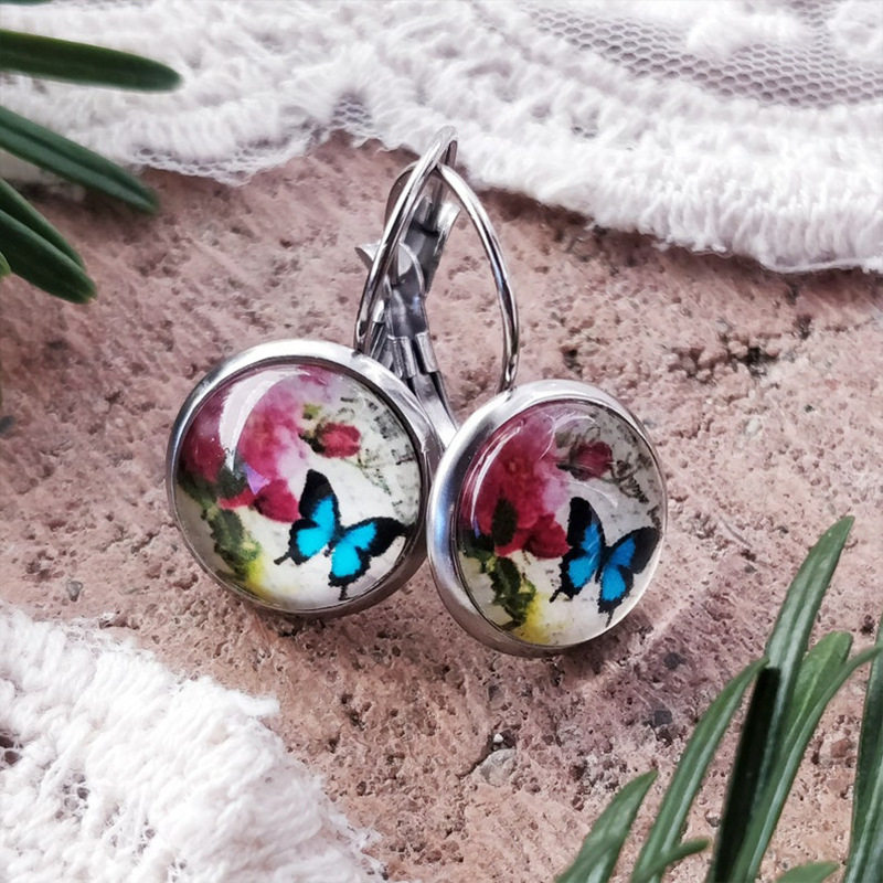 Foreign trade cross-border new style retro old butterfly time gemstone glass earrings ethnic style European and American earrings