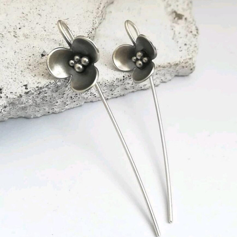 Bohemian Vintage Long Flower Alloy Ear Cuffs Ethnic Minimalist Petal Dangle Earrings