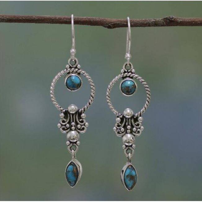 Vintage Thai Silver Earrings Western Women’s Turquoise Inlaid Dangle Jewelry