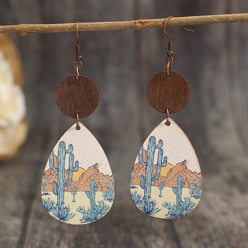 3E3C Vintage Cactus Earrings | Distressed Teardrop Wooden Statement Dangle Earrings