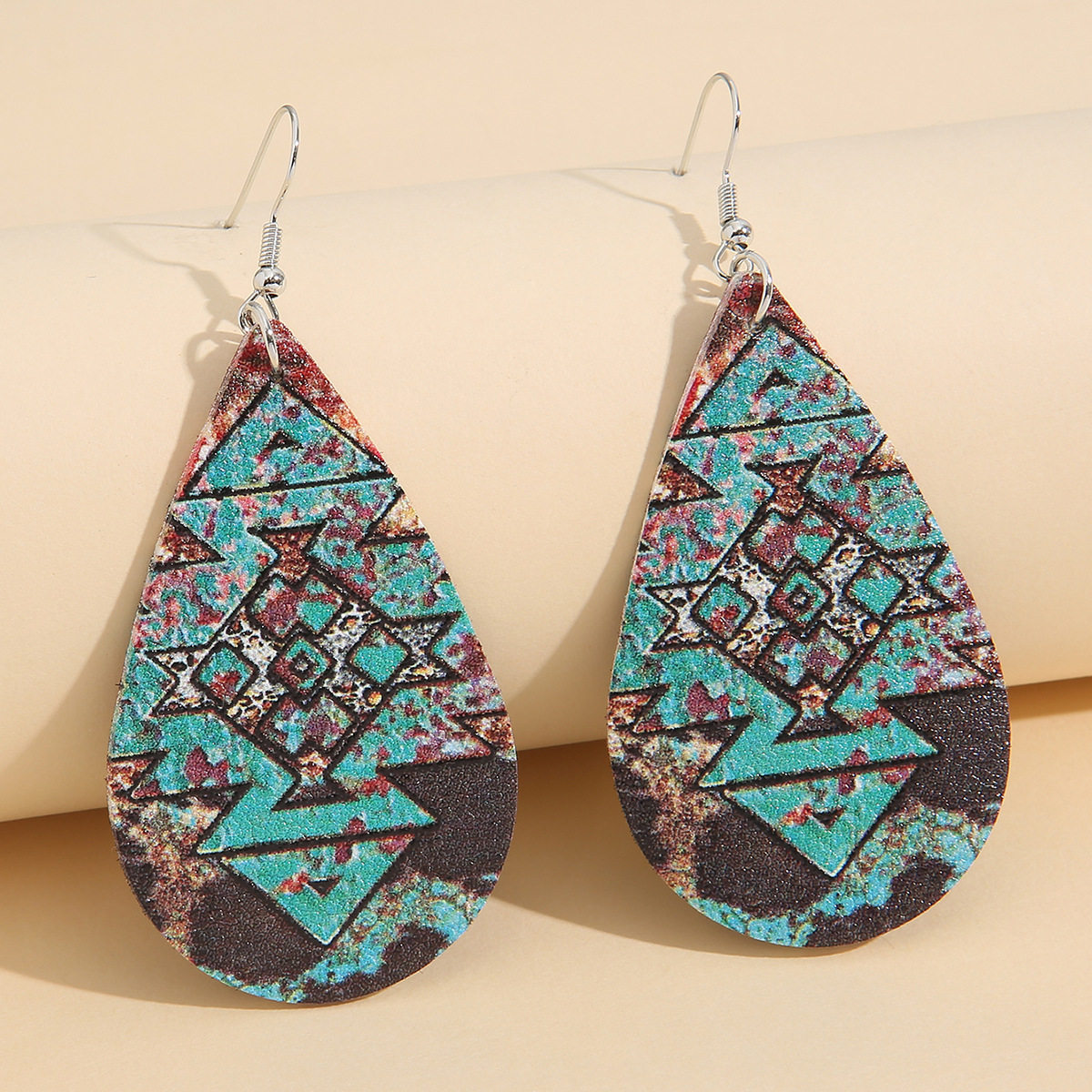 Vintage Earrings | Cross-Border Bohemian Patchwork Triangle PU Leather Dangle Earrings Western Style Jewelry for Women