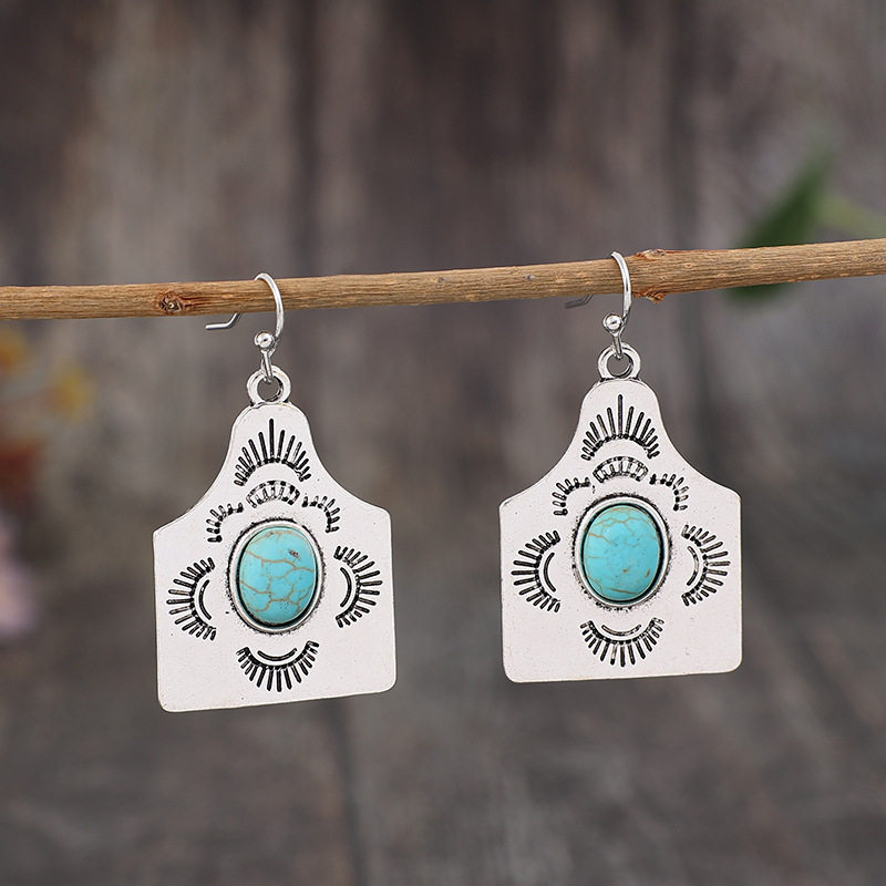 3E3C Bohemian Vintage Turquoise Earrings | T-Shaped Inlaid Alloy Statement Dangle Earrings
