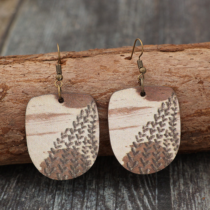 Retro Oval Wooden Slice Printed Geometric Earrings