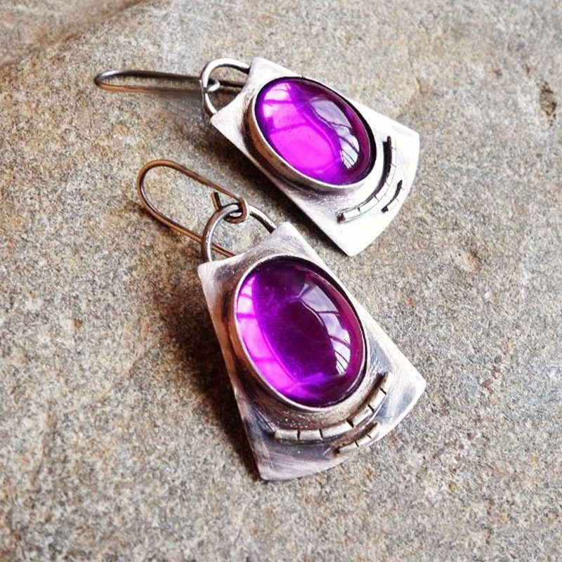 Vintage Antique Silver Geometric Earrings for Women Amethyst-Embedded Creative Drop Jewelry
