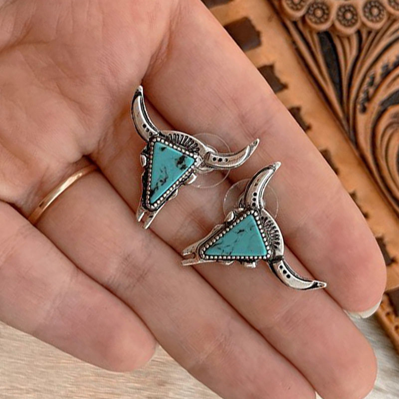 New Western-Style Bull Head Turquoise Earrings | Ethnic Statement Dangle & Stud Jewelry