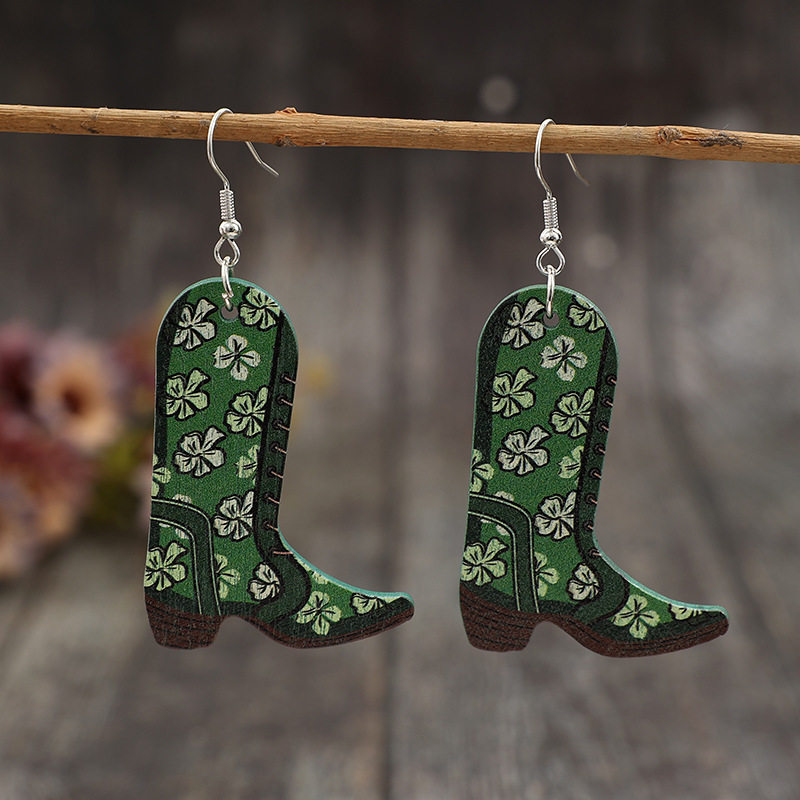 St. Patrick's Day Creative Boot-Printed Clover Wooden Vintage Earrings | Festive Jewelry
