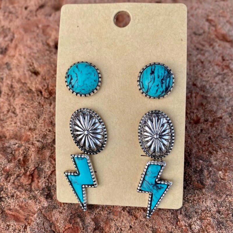 Bohemian Turquoise Lightning Pumpkin Flower Alloy Stud Earrings 3-Piece Set