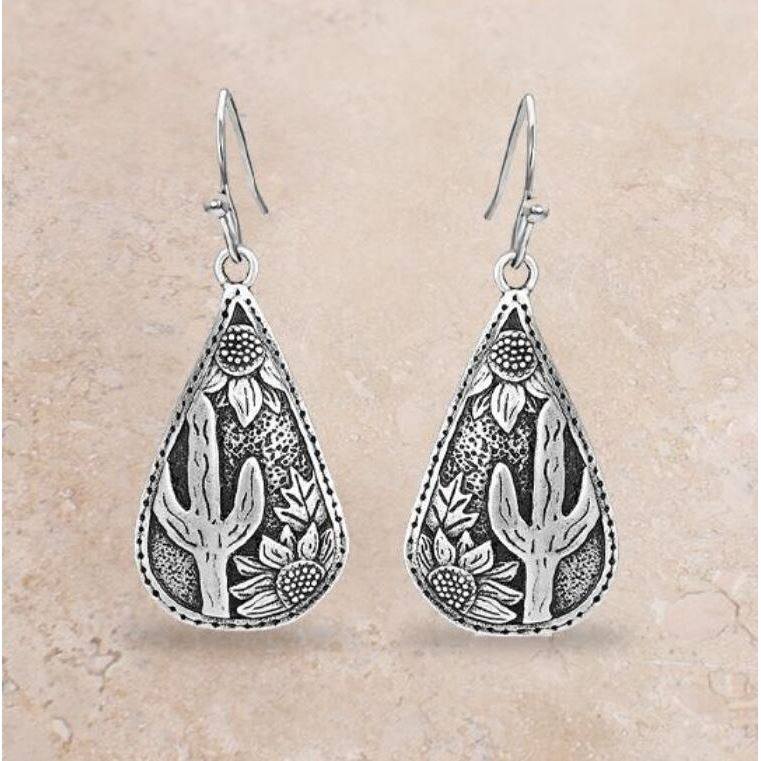 3E3C Vintage Minimalist Cactus & Sunflower Earrings | Antiqued Statement Dangle Jewelry for Women