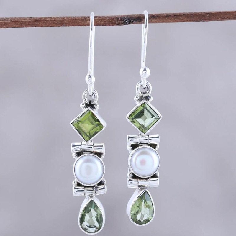 Vintage Thai Silver Pearl Earrings for Women Creative Square Diamond Teardrop Olive Green Long Drop Jewelry