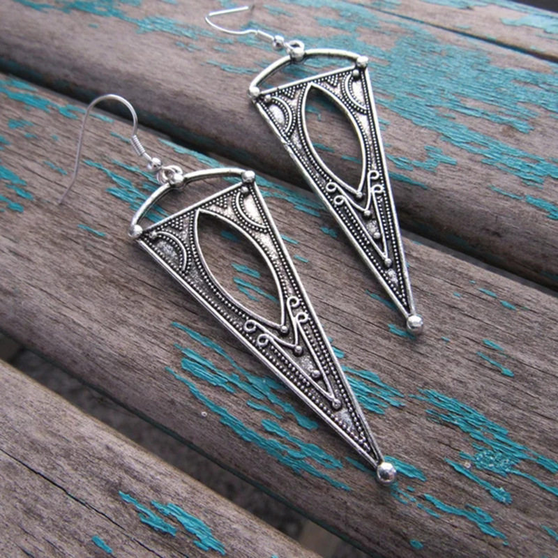 Vintage Tribal Triangle Hollow Carved Silver-Tone Metal Earrings | Women's Ethnic Accessory