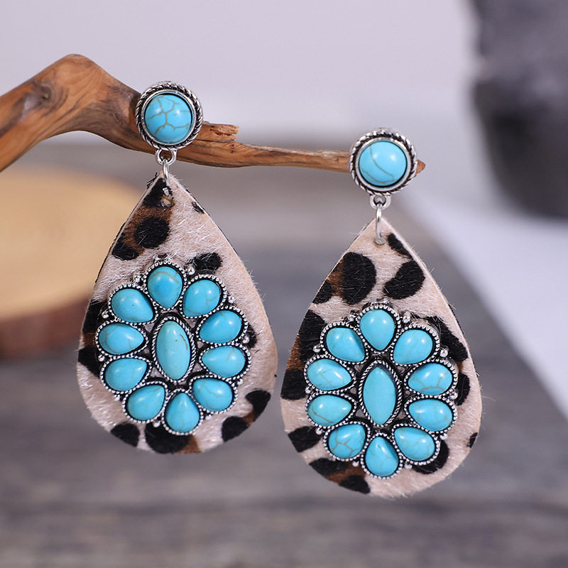 3E3C Vintage Turquoise Horsehair Leopard Print Earrings | Waterdrop Leather Statement Jewelry for Women