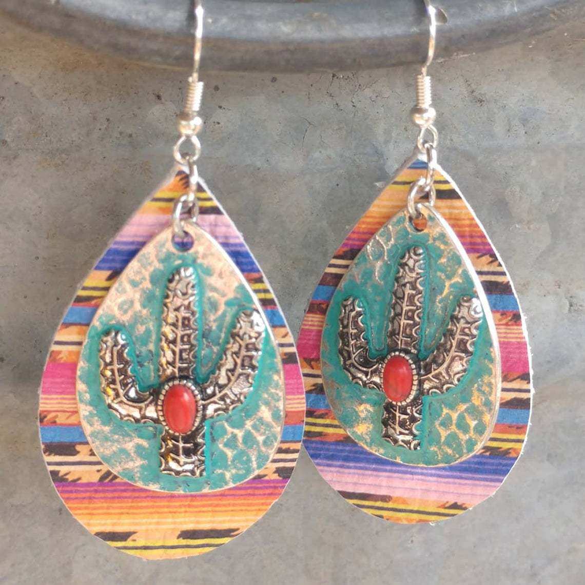 Colorful Cactus Leopard Print Ruby Double Layer Teardrop Earrings Fashion Jewelry