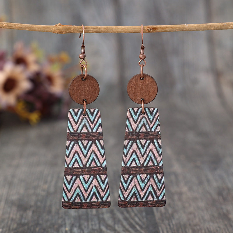 3E3C Vintage Wooden Disc Patchwork Earrings | Exaggerated Long Striped Petal Statement Earrings