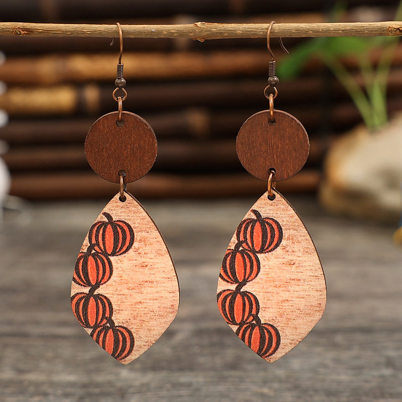 3E3C Vintage Halloween Earrings | Creative Minimalist Patchwork Pumpkin Wooden Statement Dangle Earrings