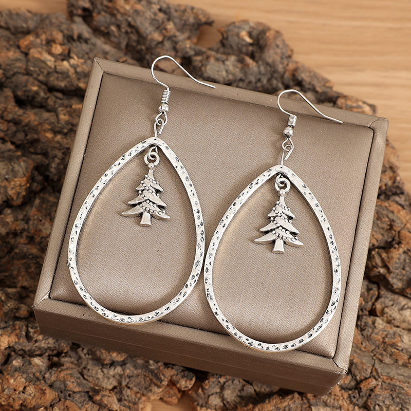 Christmas Vintage Teardrop Hollow Hammered Earrings Christmas Tree Statement Jewelry