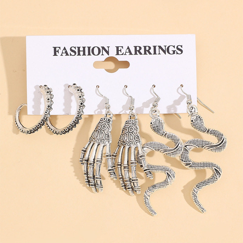Vintage Snake-Shaped Alloy Earrings Set | Halloween Palm Skull Octopus Tentacle Jewelry 3-Pair Combo