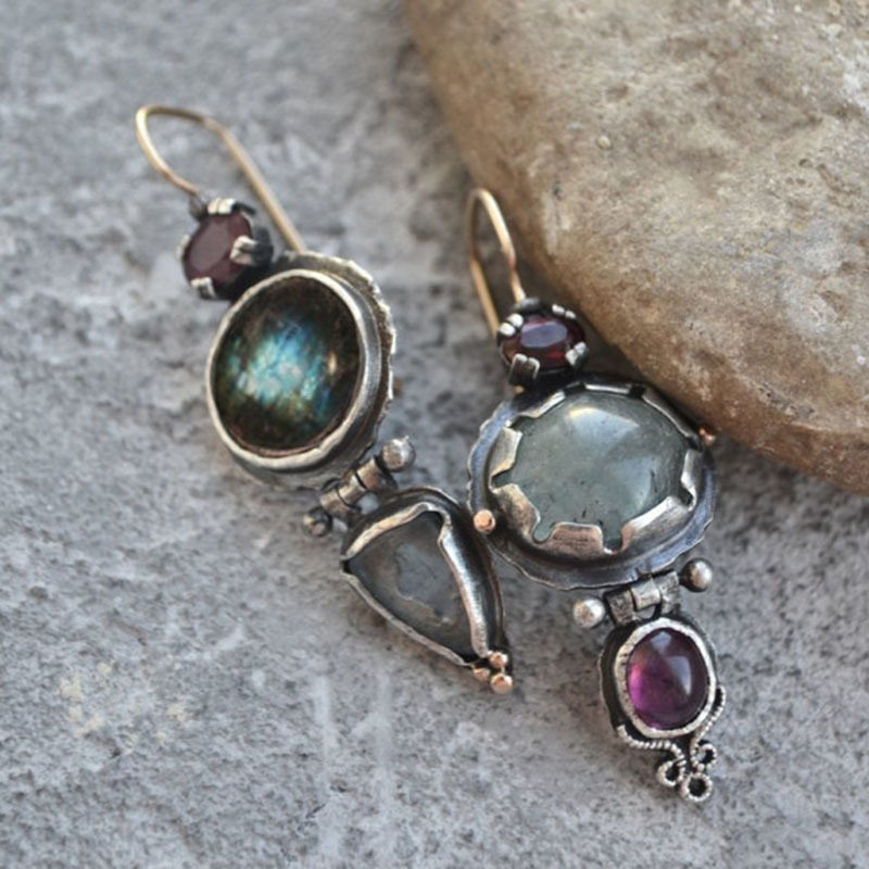 Vintage Asymmetrical Drop Earrings for Women Creative Multicolor Gemstone-Embedded Statement Jewelry